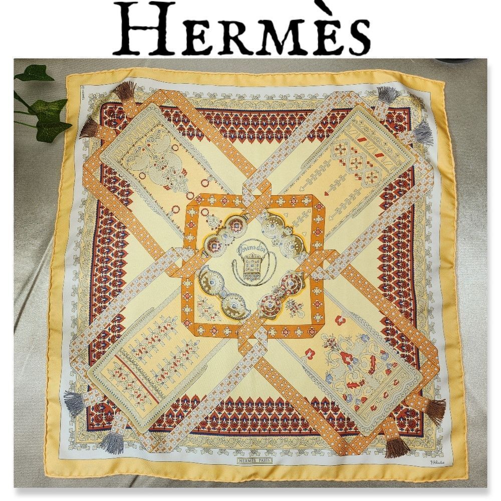 Hermes Yellow and Brown Silk Scarf